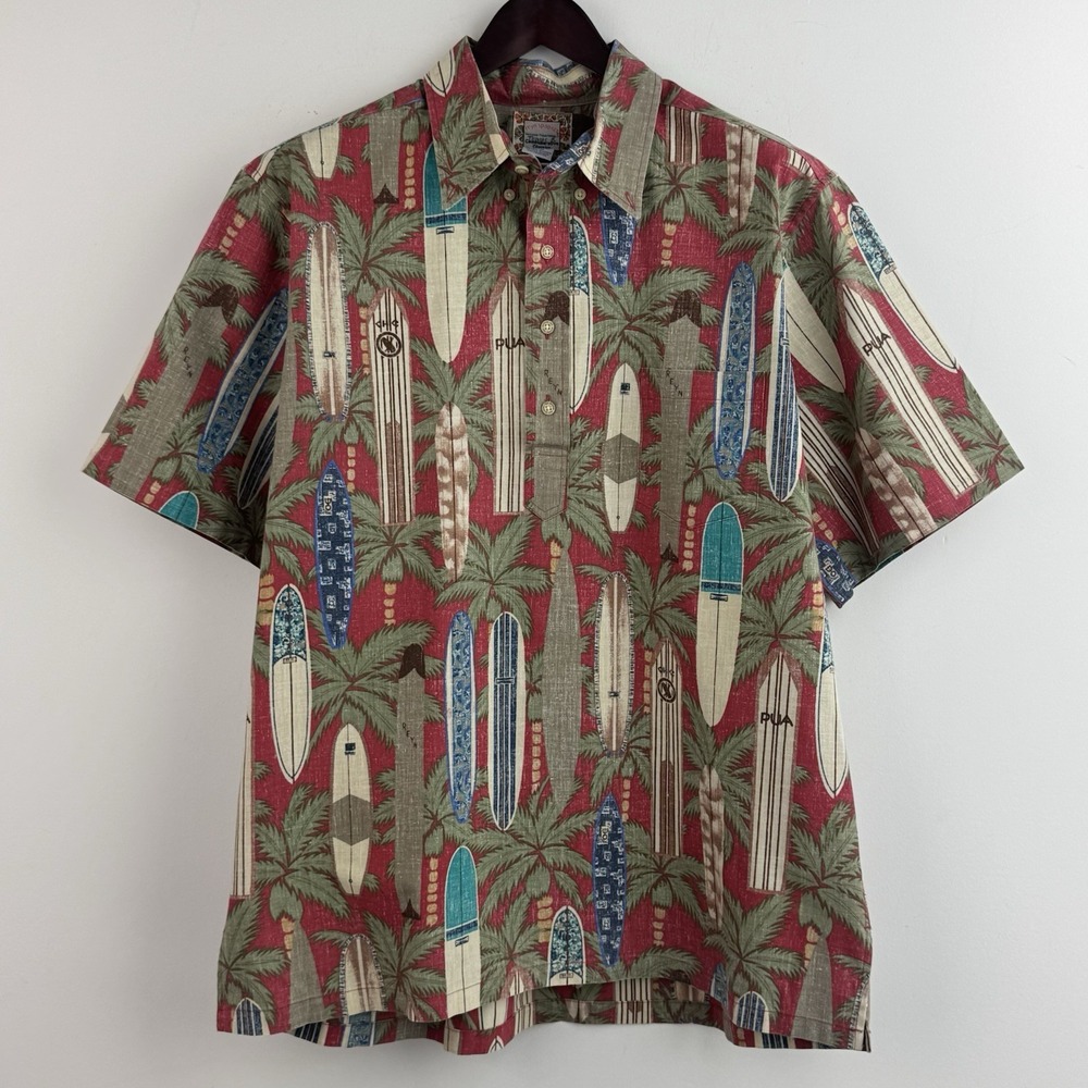 Reyn Spooner Hawaiian Shirt Men's XL Red Surfboard Palm Tree Button Front Aloha